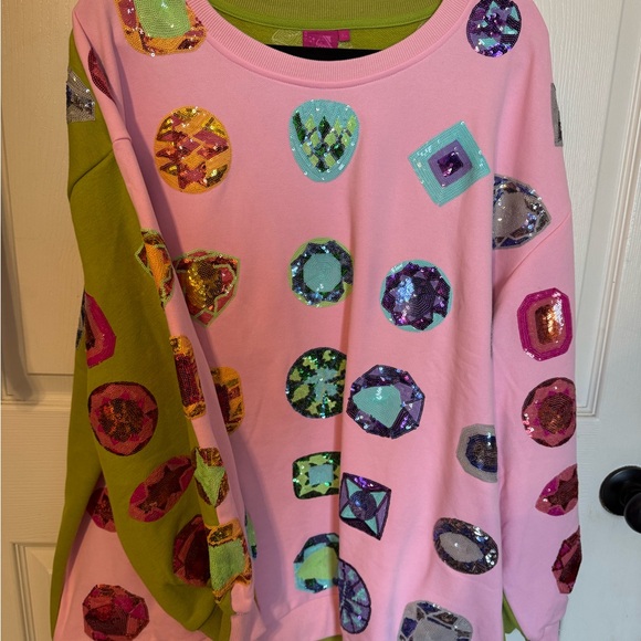 QUEEN OF SPARKLES Tops - QUEEN OF SPARKLES Pink and Green Gem Sweatshirt